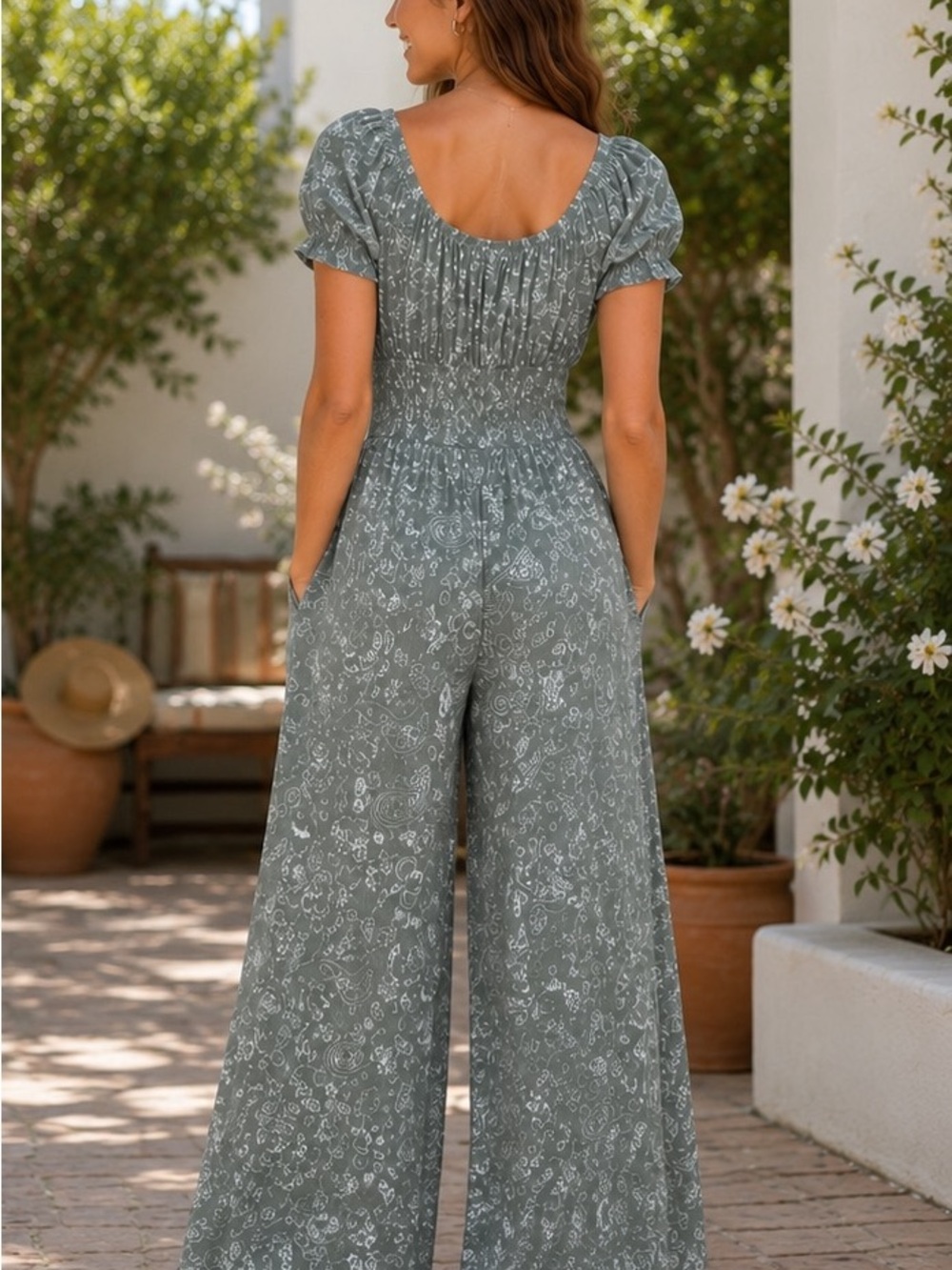 Faded Rose Green Floral Wide Leg Jumpsuit L Rayon Smocked Pockets - Picture 2 of 6